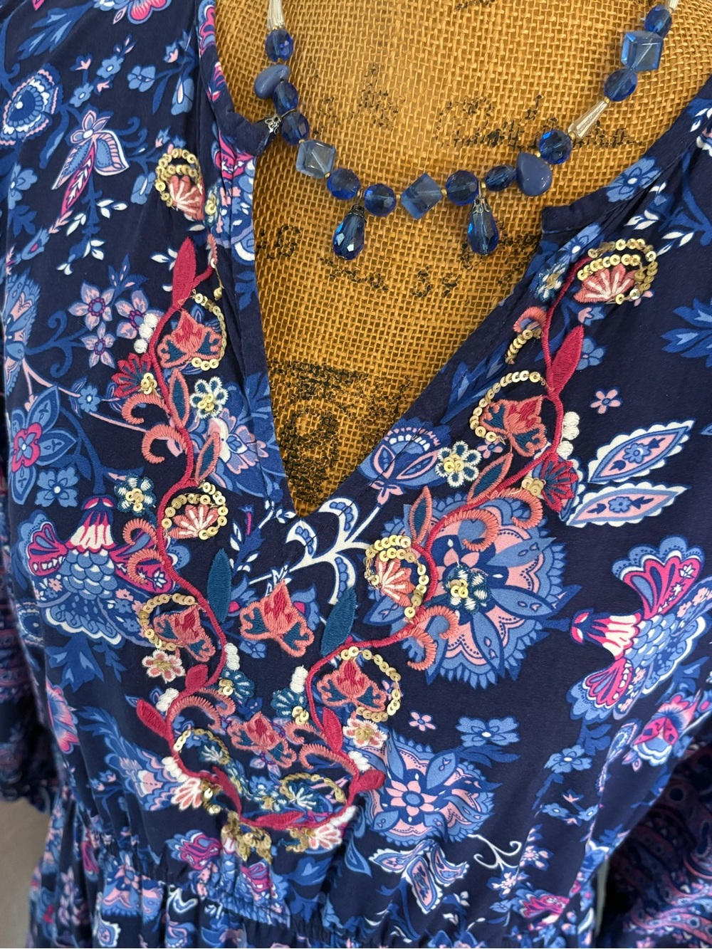 Soft Surroundings Jordana LP Dress Blue Floral Embroidered Sequined Large Petite - Picture 11 of 13
